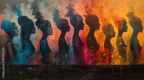 Colorful Abstract Art of Silhouetted Figures in Vibrant Hues