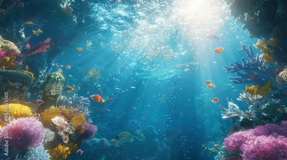 Fototapeta premium Colorful Coral Reef Underwater with Fish and Sunbeams