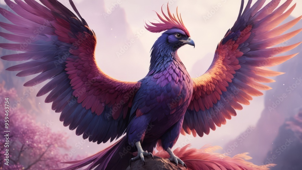 Image of a majestic phoenix bird blended shades of pink and purple evoking a sense of ethereal beauty Image of a majestic phoenix bird blended shades of pink and purple evoking a sense of ethereal beauty
