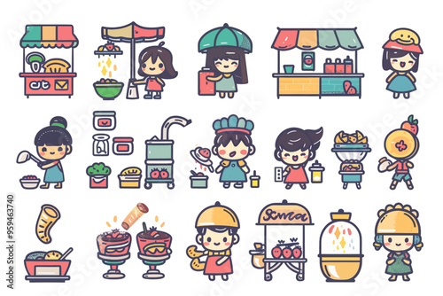 Colorful Cartoon Characters Representing Various Food and Drink Stalls