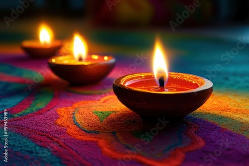 Happy Diwali, Diya oil lamps on colorful rangoli with copy space with generative ai