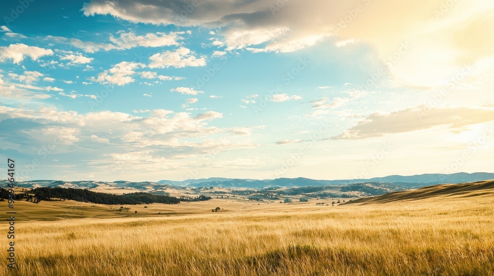 Golden Grass Field with Blue Sky and Fluffy Clouds Golden Grass Field with Blue Sky and Fluffy Clouds