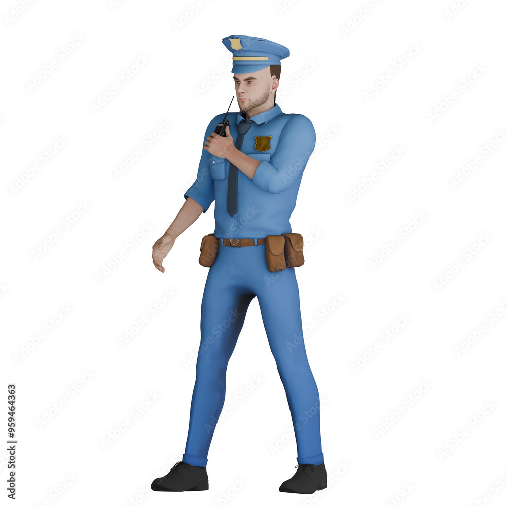 3D Male Cartoon Cop in Action. A male police officer is holding a radio near his mouth with a serious expression, indicating that he is communicating with his co-workers. Professional Law 3D Male Cartoon Cop in Action. A male police officer is holding a radio near his mouth with a serious expression, indicating that he is communicating with his co-workers. Professional Law