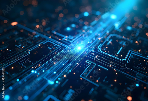 A futuristic technological scene with a circuit board as the central focus. The circuit board is illuminated by vibrant blue lights with glowing lines