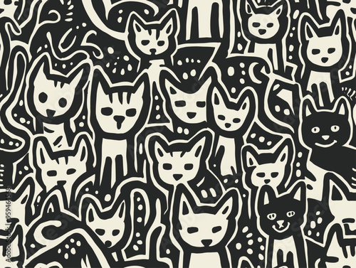 Cute Cat Pattern: Adorable Black and White Cat Designs on a Black Background
