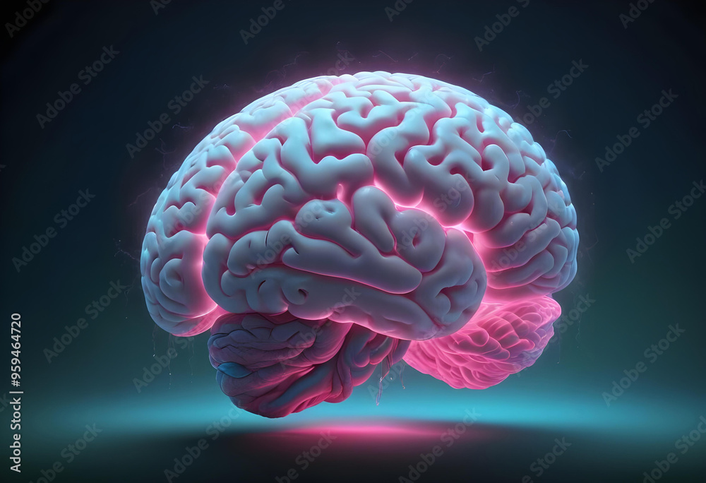 A human brain, rendered in a realistic, 3D style. The brain is against a dark background, with a soft glow emanating from it