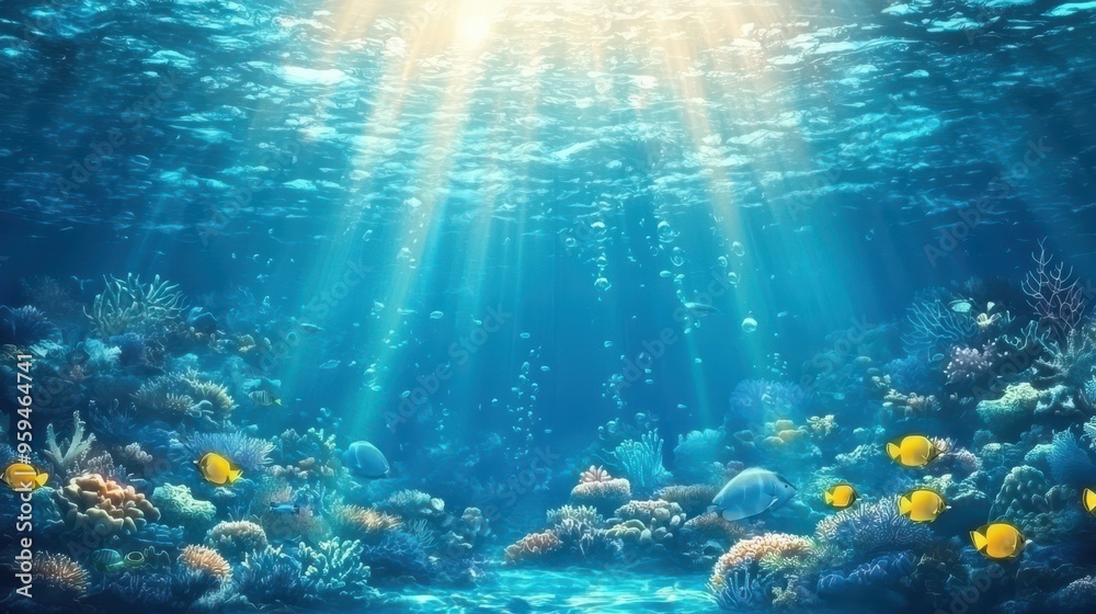 Obraz premium Underwater Sunlight Through Coral Reef with Yellow Fish