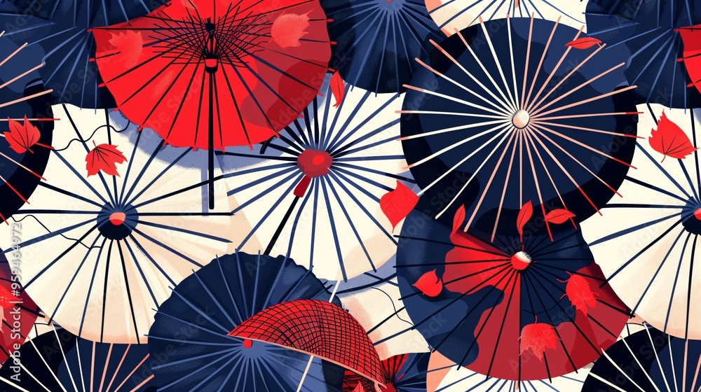 07250736 82. Detailed Japanese-style umbrella pattern with continuous, flowing design elements, ideal for creating a cohesive rainy season poster, card, or backdrop 07250736 82. Detailed Japanese-style umbrella pattern with continuous, flowing design elements, ideal for creating a cohesive rainy season poster, card, or backdrop