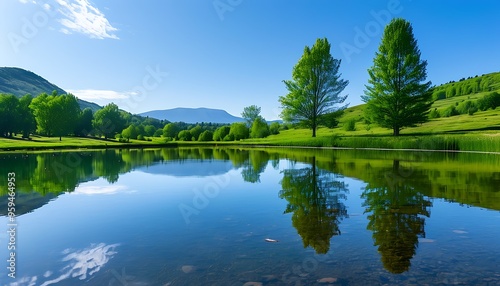 On the edge of the peaceful pond, a blue sky and clear water reflect the surrounding natural scenery. The trees are shaded and the hills stand quietly in the distance.