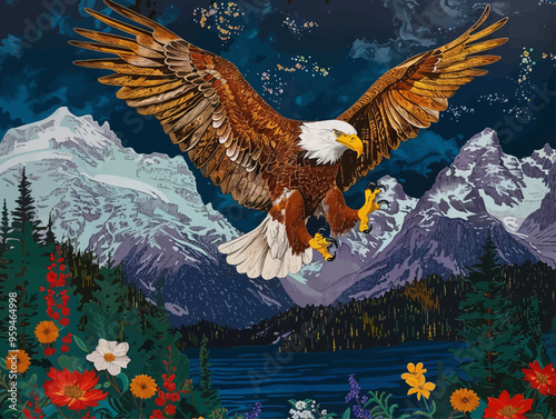 Eagle in Flight Over Mountainous Landscape with Wildflowers