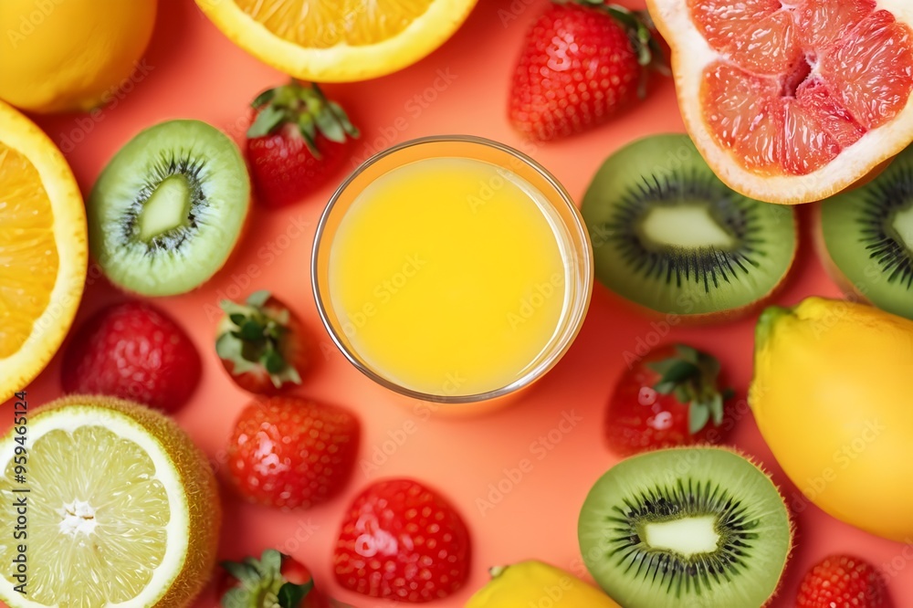A creative layout featuring a glass of orange juice surrounded by vitamin C-rich fruits like kiwis, strawberries, and grapefruits, emphasizing the health benefits. A creative layout featuring a glass of orange juice surrounded by vitamin C-rich fruits like kiwis, strawberries, and grapefruits, emphasizing the health benefits.