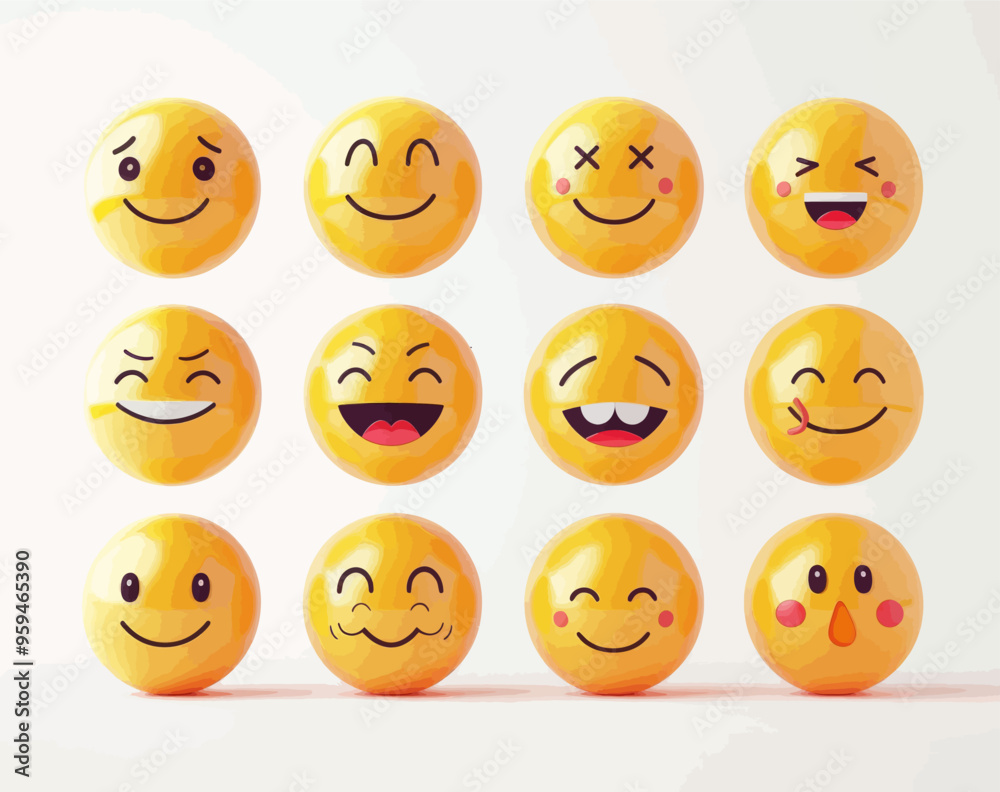 Emotive Eggs: A Collection of 12 Yellow Smiley Egg Characters with Diverse Emotions