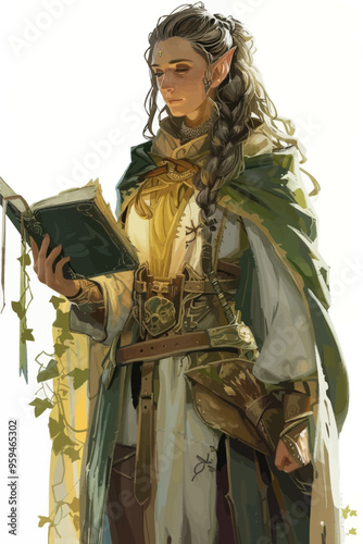 Elf-like fantasy character reading ancient tome