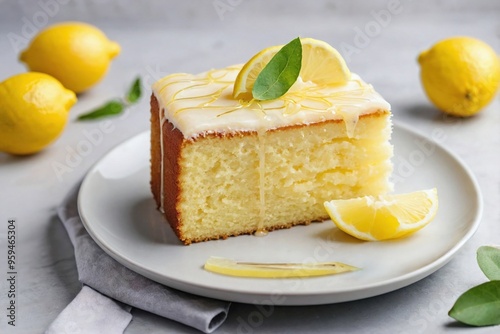 Lemon Cake: Overhead view of a slice of lemon cake on a plain white plate, with a light drizzle of lemon glaze on top