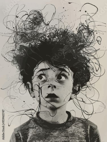 Expression of Surprise: A Black and White Portrait of a Child with Swirling Artistic Elements