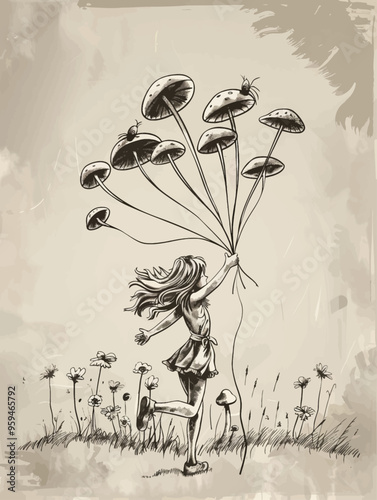 Fantastical Dream: A Girl Running Through a Field of Mushrooms