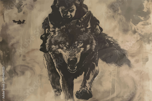 Fantasy Art: Boy Riding Wolf