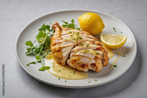 Lemon Chicken: Overhead view of a single piece of lemon chicken on a plain white plate, with a light drizzle of sauce and a few thin lemon slices