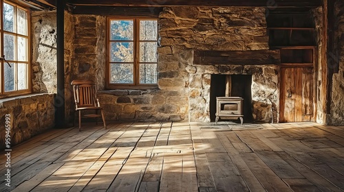 Rustic Room with Stone Walls, Wooden Floor, Window, and Stove