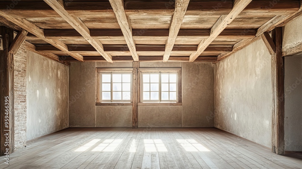 Fototapeta premium Empty Room with Exposed Wooden Beams and a Window