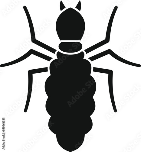 Simple vector icon of a black ant crawling, viewed from above, isolated on a white background