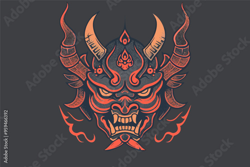Fierce Dragon Face with Horns and Flames