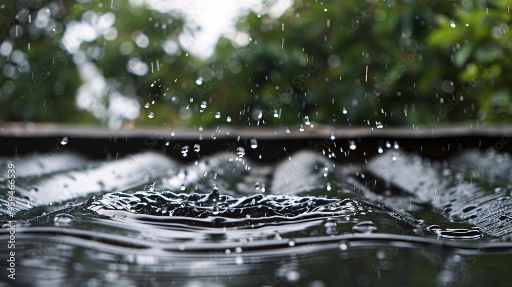 07250736 102. Close-up of raindrops splashing on a tin roof, creating small splashes and ripples, with a blurred background of a rainy garden and trees swaying in the wind 07250736 102. Close-up of raindrops splashing on a tin roof, creating small splashes and ripples, with a blurred background of a rainy garden and trees swaying in the wind