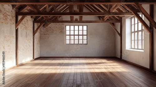 Empty Room with Wooden Beams and Brick Walls