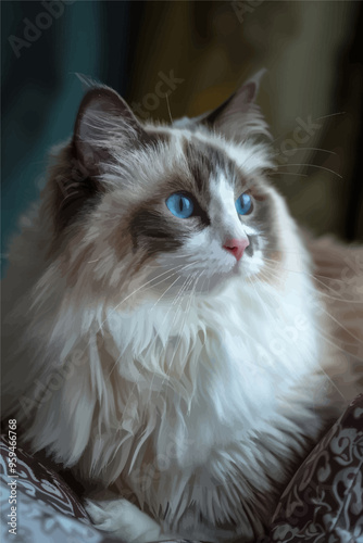 Fluffy cat with striking blue eyes and white fur, sitting on a patterned cushion indoors