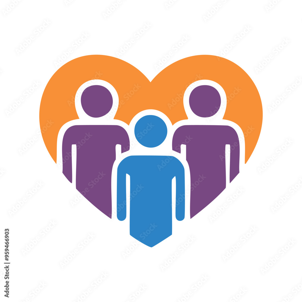 Heart family icon. Three stick figures, one blue, two purple, inside a heart. Representing love, family, unity, and togetherness. Heart family icon. Three stick figures, one blue, two purple, inside a heart. Representing love, family, unity, and togetherness.