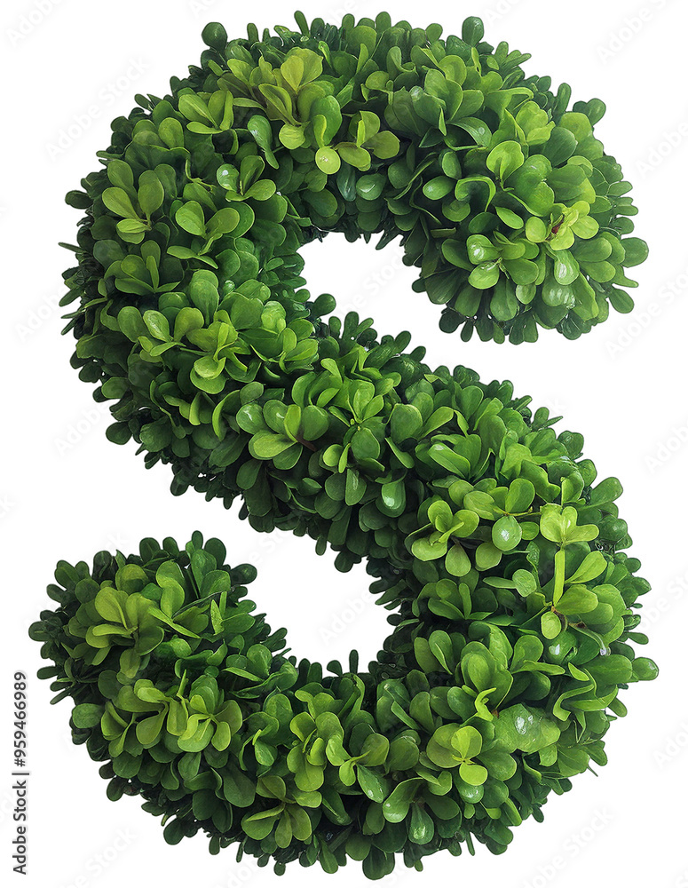 Green leafy letter S isolated on white background, eco-friendly concept, nature inspired alphabet, creative design element.