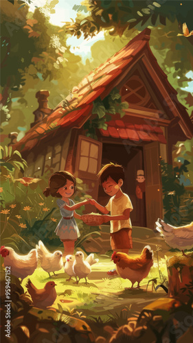 Friendly Chicken Farming: A Boy and Girl's Day of Chicken Tending