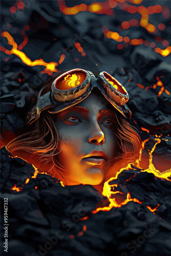 Futuristic Female Figure with Glowing Eyes and Helmet, Emerging from Lava-like Rocky Surface