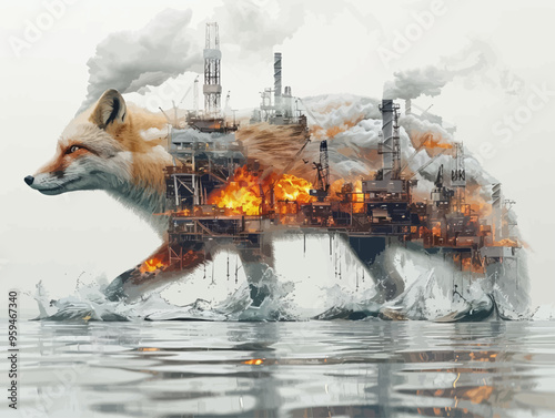 Futuristic Industrial Scene with Fox and Flames