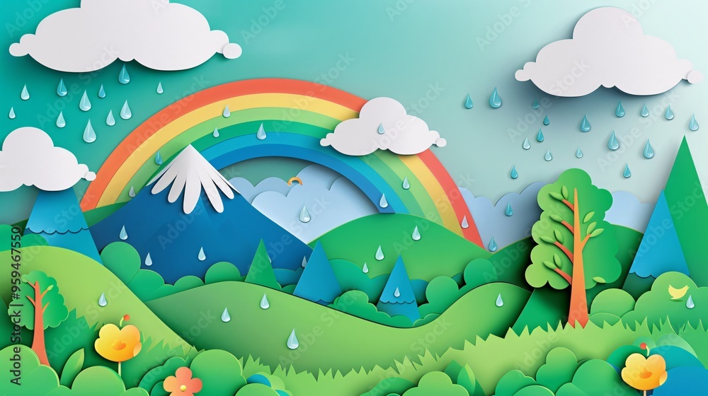 Obraz premium 07250736 119. A serene paper cut style illustration of a green nature landscape, featuring a mountain, a vibrant rainbow, clouds, and gentle raindrops, crafted with 3D digital paper art techniques to
