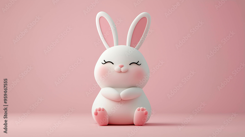 Fototapeta premium A cute white bunny with pink ears and cheeks sits happily on a soft pink background, exuding a gentle, serene, and joyful vibe, perfect for creating a soothing and sweet atmosphere.