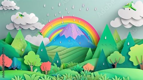 07250736 119. A serene paper cut style illustration of a green nature landscape, featuring a mountain, a vibrant rainbow, clouds, and gentle raindrops, crafted with 3D digital paper art techniques to photo