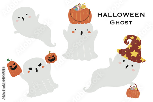 Halloween cute spooky charater costumes vector - vampire, ghost, witch, pumpkins, frankenstein