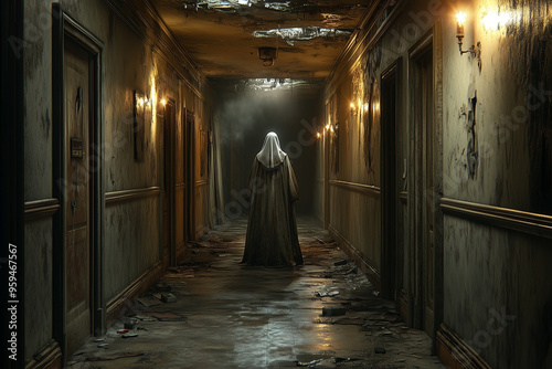 A nun ghost in a horror hallway of a vintage retro hallway with cracked walls and broken doors