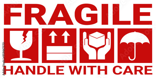 sticker fragile handle with care, red fragile warning label with broken glass symbol, this side up sign, keep dry and avoid liquid sign