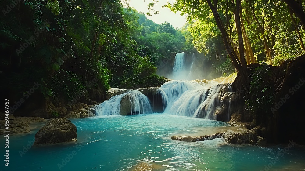 Serene Beauty of Laos Kuang Si Waterfall - Turquoise Pools and Lush Jungle Surrounding Cascading Falls Serene Beauty of Laos Kuang Si Waterfall - Turquoise Pools and Lush Jungle Surrounding Cascading Falls