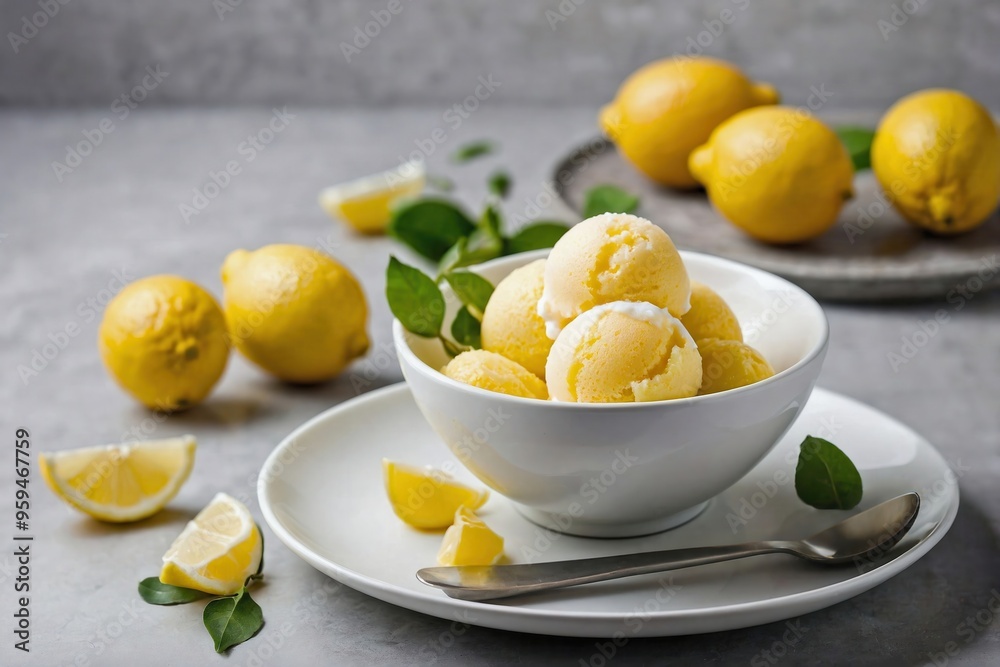 Lemon Sorbet: A minimalist setup with scoops of lemon sorbet in a small white bowl, accompanied by a few lemon slices arranged on the side Lemon Sorbet: A minimalist setup with scoops of lemon sorbet in a small white bowl, accompanied by a few lemon slices arranged on the side
