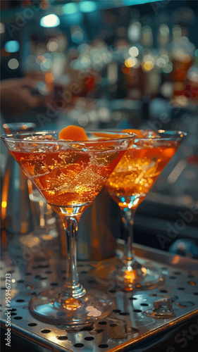 Golden cocktails with orange garnish, served in elegant glasses, set against a blurred bar background
