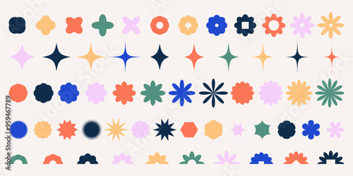 Brutalist geometric y2k shapes and figures various form. Trendy retro figure, flower and other abstract elements set. Vector design aesthetic