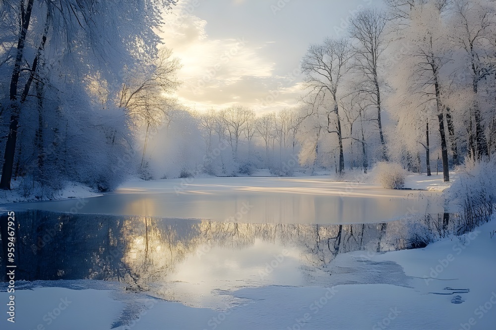 A frozen lake surrounded by snow-covered trees, with reflections of the icy landscape on the water A frozen lake surrounded by snow-covered trees, with reflections of the icy landscape on the water