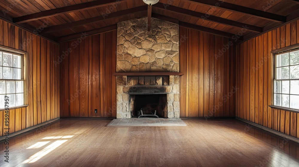 Empty Cabin Room with Stone Fireplace and Wood Paneling Empty Cabin Room with Stone Fireplace and Wood Paneling