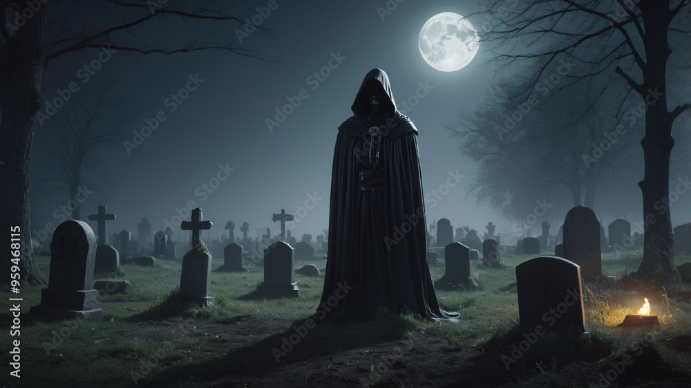 As the clock strikes midnight, a ghostly apparition begins to rise from a grave illuminated by the pale light of the moon. The figure's face is obscured by a hood, with only the faint glint As the clock strikes midnight, a ghostly apparition begins to rise from a grave illuminated by the pale light of the moon. The figure's face is obscured by a hood, with only the faint glint