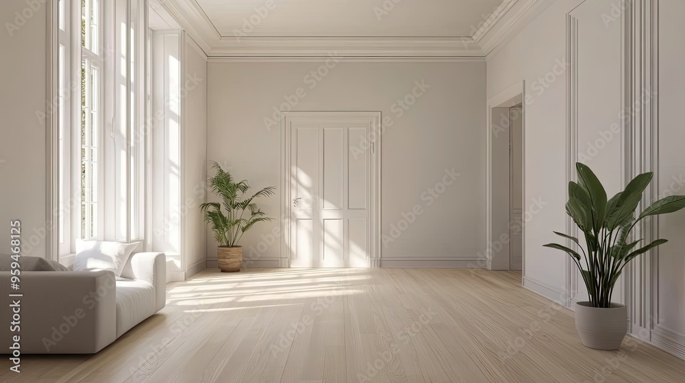 Minimalist White Room with Sunlight Streaming Through Windows Minimalist White Room with Sunlight Streaming Through Windows