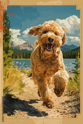 Happy-go-lucky dog running on a sandy path by a lake, with a mountainous backdrop