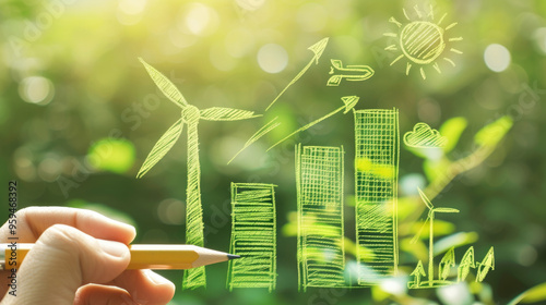 Hand drawing conceptual green sketches of wind turbines, solar energy, and upward growth charts, representing the rise of renewable energy and eco-innovations on a bright, natural foliage background. photo